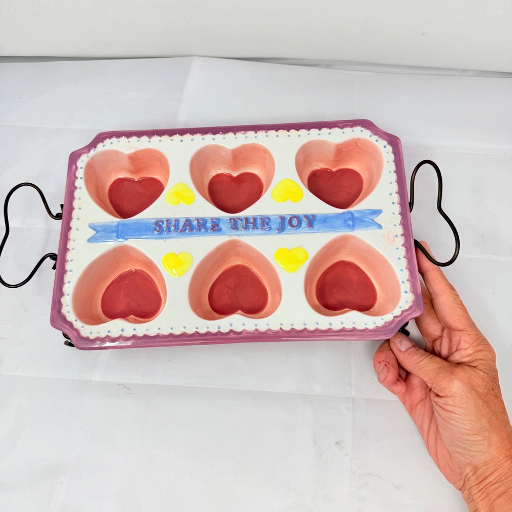 Temp-tations by Tara Heart Muffin Pan Ceramic Share the Joy with Metal Rack